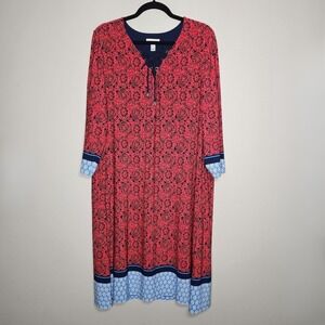 Susan Graver‎ Womens XL Red Blue Geometric Liquid Knit Midi Dress Stretch Resort